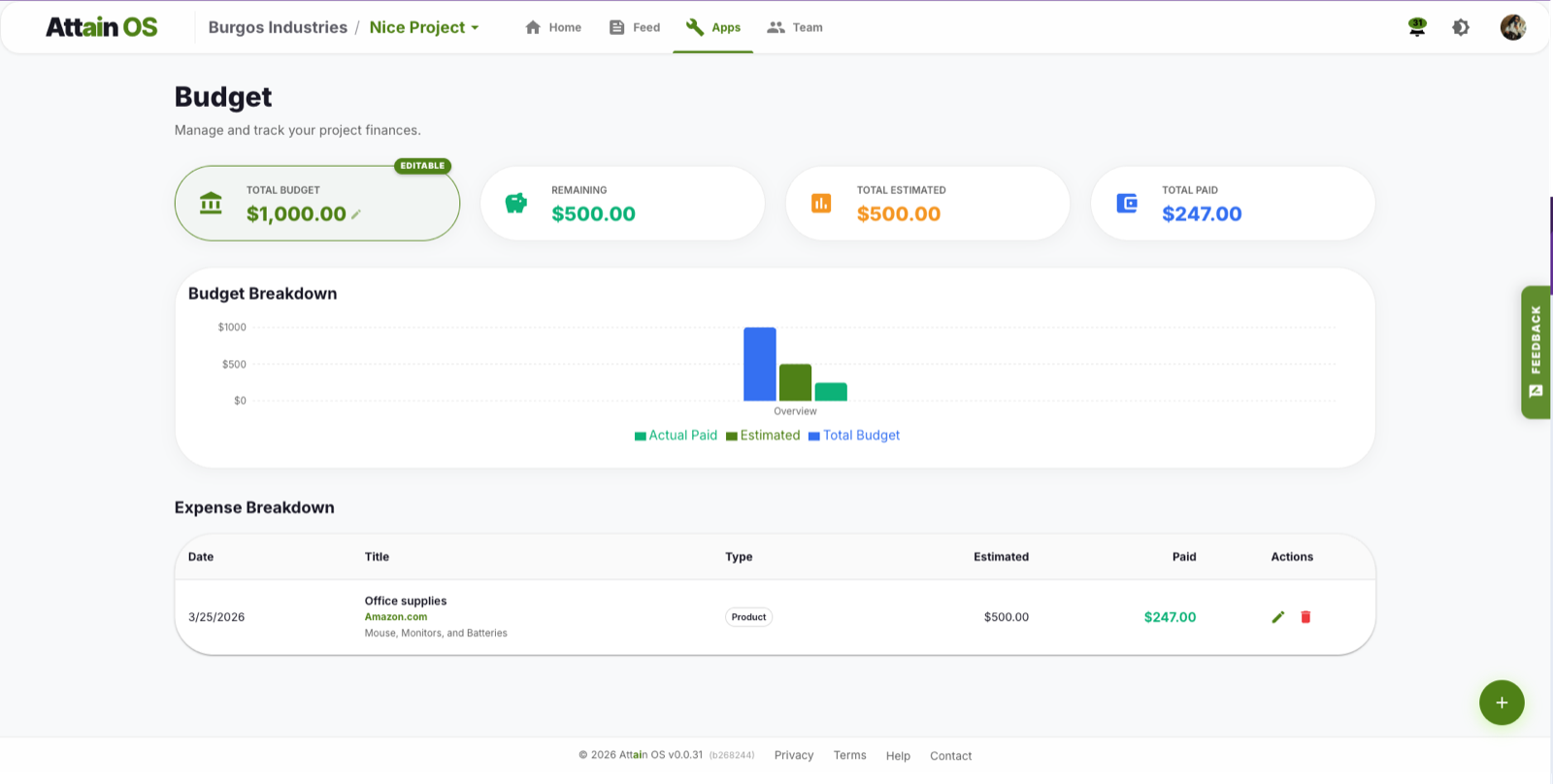 Budget app in Attain OS showing total, remaining, estimated, and paid stat cards above a budget breakdown chart and an expense table.