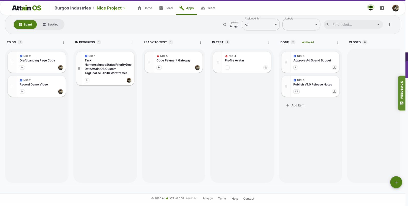Work Board app in Attain OS showing a Kanban board with To Do, In Progress, Ready to Test, In Test, Done, and Closed columns full of ticket cards.