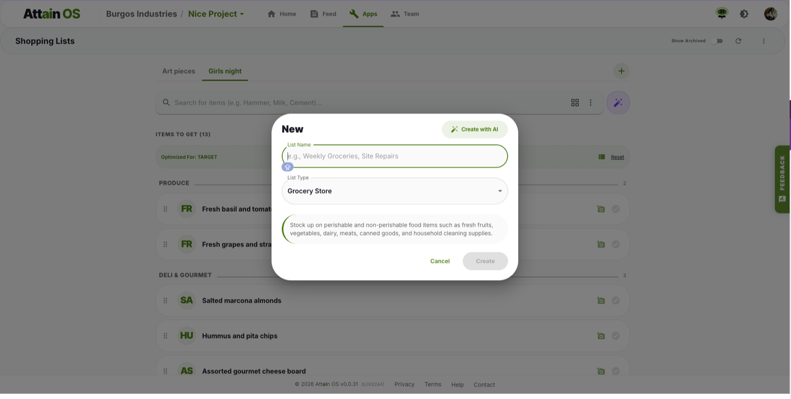 Shopping Lists app in Attain OS with the Create with AI dialog generating a grocery list over an aisle-organized list of items.